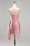 Roze Bodycon korset met gerimpelde, kralenversierde korte homecomingjurk met sjerp