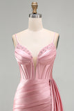 Roze Bodycon korset met gerimpelde, kralenversierde korte homecomingjurk met sjerp