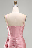 Roze Bodycon korset met gerimpelde, kralenversierde korte homecomingjurk met sjerp