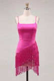 Satijn Fuchsia Bodycon Spaghetti Straps Korte Homecoming Jurk met franjes