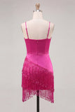 Satijn Fuchsia Bodycon Spaghetti Straps Korte Homecoming Jurk met franjes