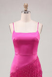 Satijn Fuchsia Bodycon Spaghetti Straps Korte Homecoming Jurk met franjes