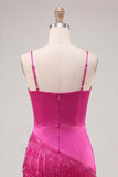 Satijn Fuchsia Bodycon Spaghetti Straps Korte Homecoming Jurk met franjes