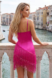 Satijn Fuchsia Bodycon Spaghetti Straps Korte Homecoming Jurk met franjes