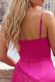 Satijn Fuchsia Bodycon Spaghetti Straps Korte Homecoming Jurk met franjes