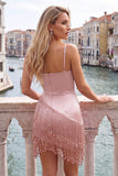 Satijn Fuchsia Bodycon Spaghetti Straps Korte Homecoming Jurk met franjes