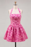 A-Line fuchsia halter hals Jacquard bloemen korte homecoming jurk