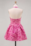 A-Line fuchsia halter hals Jacquard bloemen korte homecoming jurk