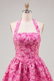 A-Line fuchsia halter hals Jacquard bloemen korte homecoming jurk
