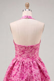 A-Line fuchsia halter hals Jacquard bloemen korte homecoming jurk