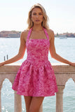 A-Line fuchsia halter hals Jacquard bloemen korte homecoming jurk
