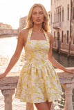 A-Line fuchsia halter hals Jacquard bloemen korte homecoming jurk
