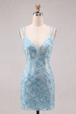 Lichtblauwe bodycon spaghettibandjes bloemen korte homecomingjurk met kralen