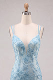 Lichtblauwe bodycon spaghettibandjes bloemen korte homecomingjurk met kralen