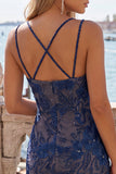 Lichtblauwe bodycon spaghettibandjes bloemen korte homecomingjurk met kralen