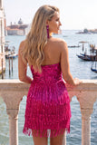 Fuchsia strapless pailletten bodycon cocktailjurk met franjes