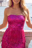 Fuchsia strapless pailletten bodycon cocktailjurk met franjes