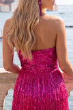 Fuchsia strapless pailletten bodycon cocktailjurk met franjes
