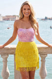 Fuchsia strapless pailletten bodycon cocktailjurk met franjes