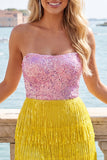 Fuchsia strapless pailletten bodycon cocktailjurk met franjes
