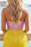 Fuchsia strapless pailletten bodycon cocktailjurk met franjes