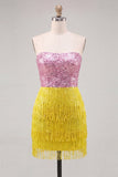 Fuchsia strapless pailletten bodycon cocktailjurk met franjes