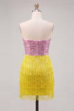 Fuchsia strapless pailletten bodycon cocktailjurk met franjes