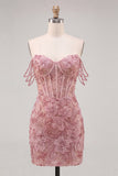Parel off the shoulder roze korset bloemen homecoming jurk met pailletten