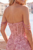 Parel off the shoulder roze korset bloemen homecoming jurk met pailletten