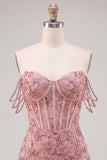 Parel off the shoulder roze korset bloemen homecoming jurk met pailletten