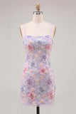 Lila bloemen bodycon spaghetti bandjes korte homecoming jurk met kralen