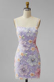 Lila bloemen bodycon spaghetti bandjes korte homecoming jurk met kralen
