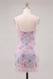 Lila bloemen bodycon spaghetti bandjes korte homecoming jurk met kralen