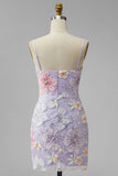 Lila bloemen bodycon spaghetti bandjes korte homecoming jurk met kralen