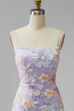 Lila bloemen bodycon spaghetti bandjes korte homecoming jurk met kralen