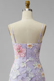Lila bloemen bodycon spaghetti bandjes korte homecoming jurk met kralen