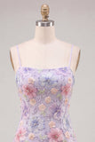Lila bloemen bodycon spaghetti bandjes korte homecoming jurk met kralen