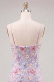 Lila bloemen bodycon spaghetti bandjes korte homecoming jurk met kralen