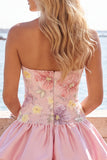 Strapless roze bloemenjurk met A-lijn homecoming jurk met pailletten
