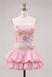 Strapless roze bloemenjurk met A-lijn homecoming jurk met pailletten
