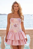 Strapless roze bloemenjurk met A-lijn homecoming jurk met pailletten