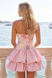 Strapless roze bloemenjurk met A-lijn homecoming jurk met pailletten