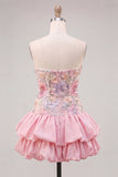 Strapless roze bloemenjurk met A-lijn homecoming jurk met pailletten