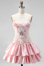 Strapless roze bloemenjurk met A-lijn homecoming jurk met pailletten