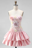 Strapless roze bloemenjurk met A-lijn homecoming jurk met pailletten