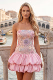 Strapless roze bloemenjurk met A-lijn homecoming jurk met pailletten