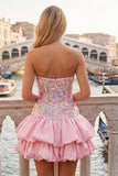 Strapless roze bloemenjurk met A-lijn homecoming jurk met pailletten