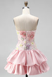 Strapless roze bloemenjurk met A-lijn homecoming jurk met pailletten