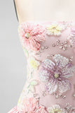 Strapless roze bloemenjurk met A-lijn homecoming jurk met pailletten