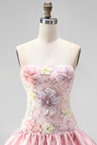 Strapless roze bloemenjurk met A-lijn homecoming jurk met pailletten